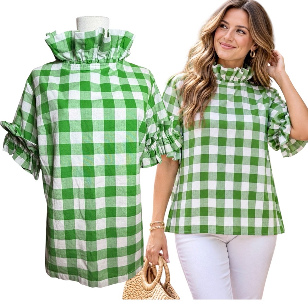 Elizabeth Wilson Ruffled Collar Blouse Womens Size Medium Preppy Green Checked